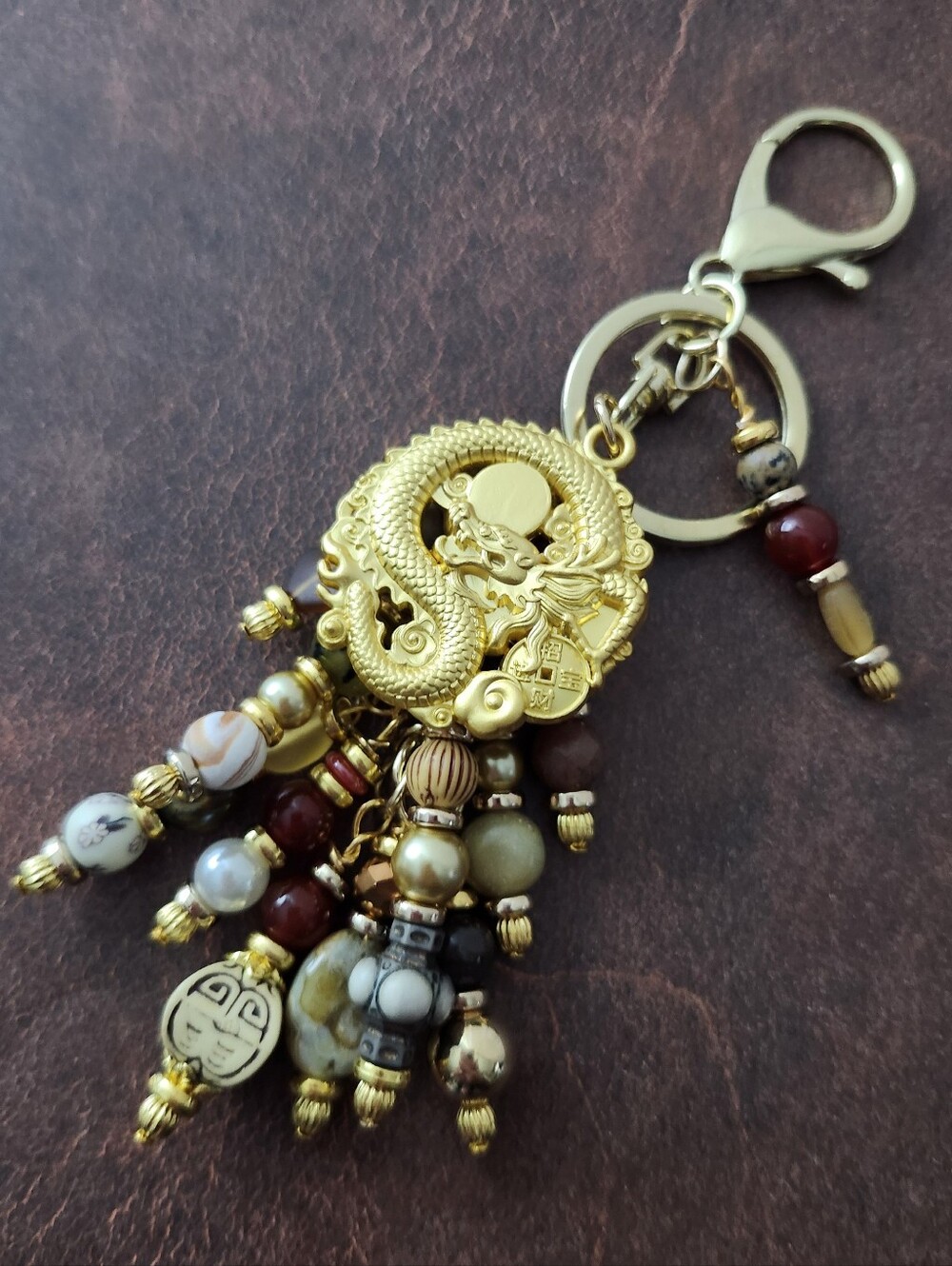 Gold Dragon Medallion Purse Charm Carnelian Agate Tiger Eye Handcrafted